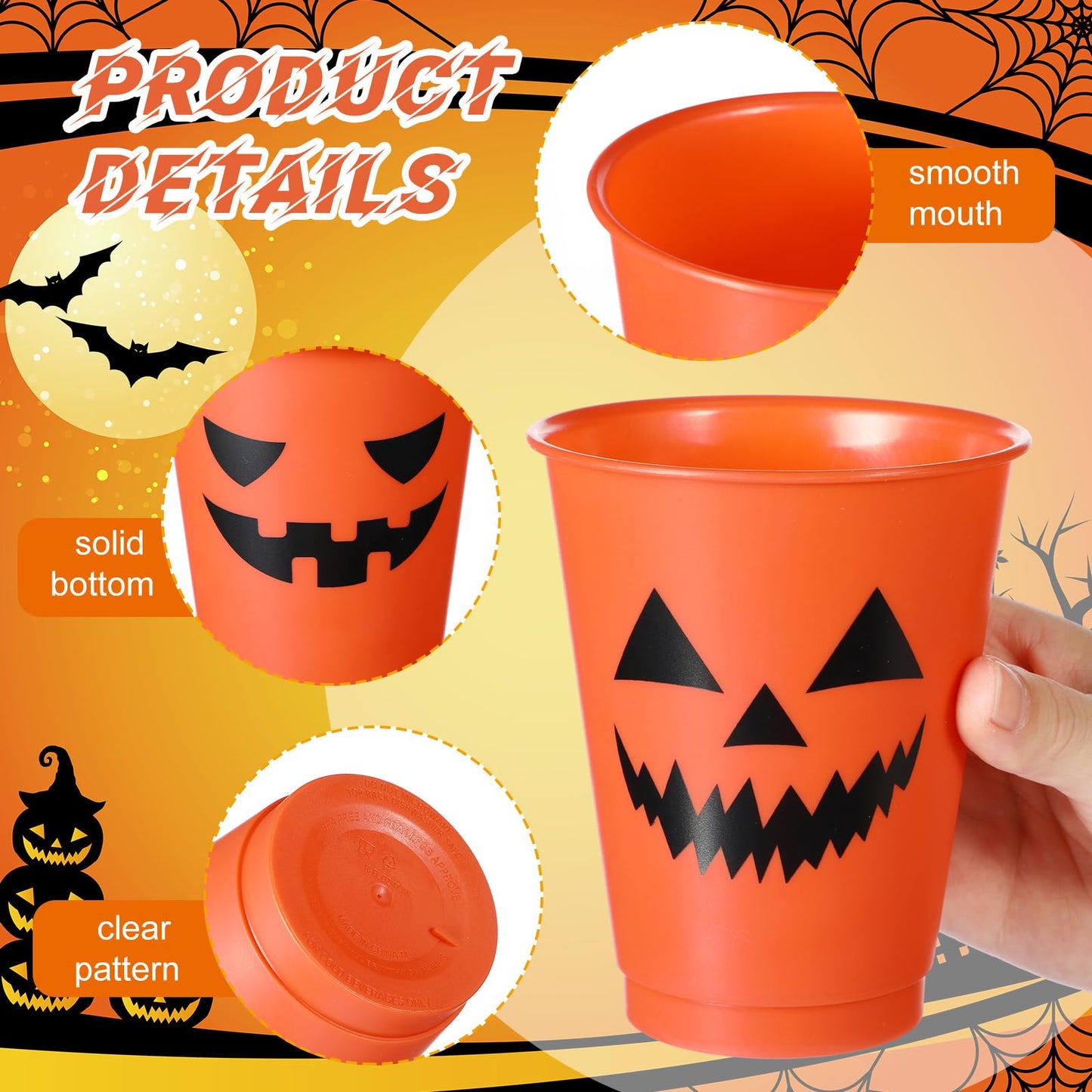 Suttmin 16 Pcs Halloween Party Cups 16 oz Plastic Cups with Lids and Straws Pumpkin Face Reusable Tumbler for Halloween Party Favors Supplies Coffee Tea Cold Drinks
