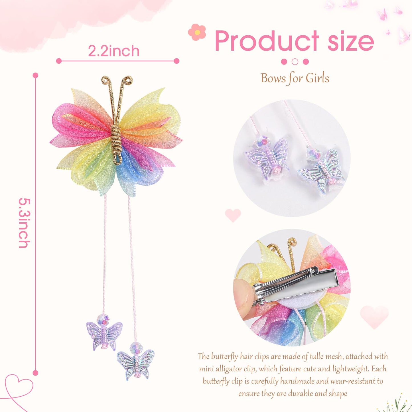Oaoleer 10PCS Mini Butterfly Hair Bows 2  Tulle Mesh Colorful Butterfly Hair Bows with Tail Hair Accessories for Baby Girls