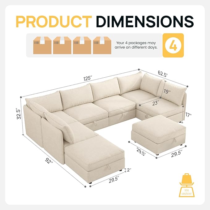 Oversized Modular 8 Seater Sofa with Removable Covers and Storage, Convertible U, L-Shaped and Sleeper Sectional, Modern Sectional Couch with Ottoman Chaise for Living Room, Bedroom, Apartment, Beige