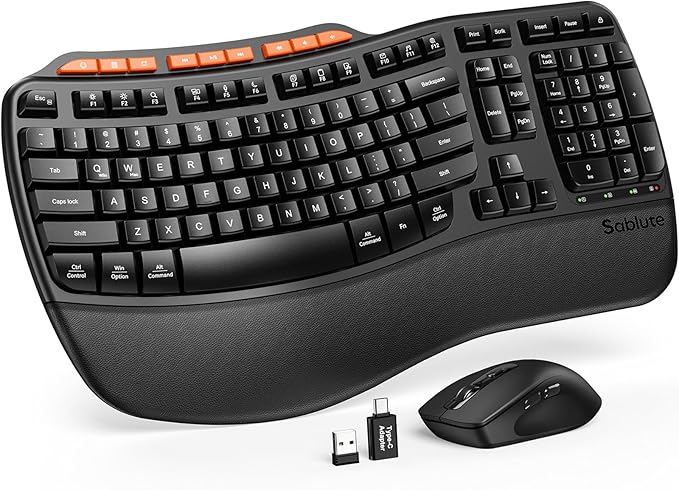 Ergonomic Wireless Keyboard and Mouse Combo, 2.4G Full Size Wave Key Board with Cushioned Palm Rest, Natural Typing, 3 DPI...