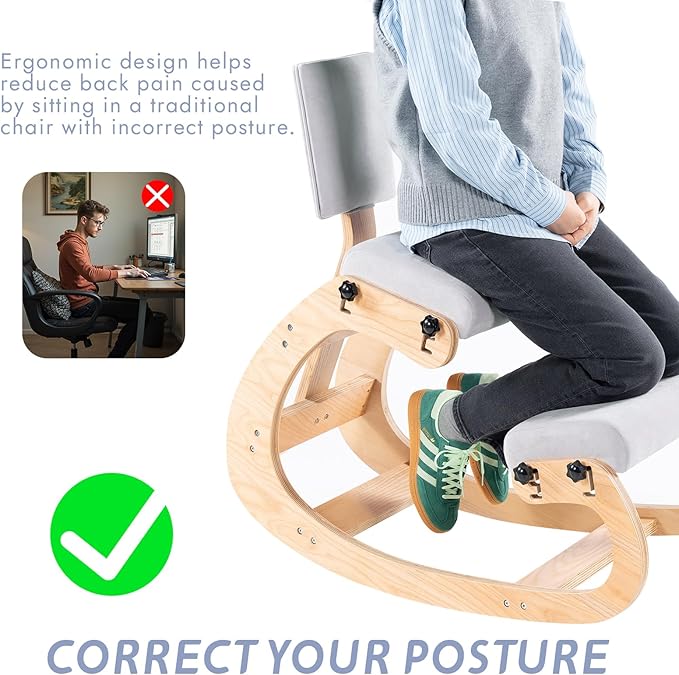 VDNEND Ergonomic Kneeling Chair with Back Support,Wooden Kneeling Chair Desk for Work, Rocking Office Kneel Chairs for Relieve Back Pain, Kneeling Posture Chairs for Gaming,Home (Light Gray)