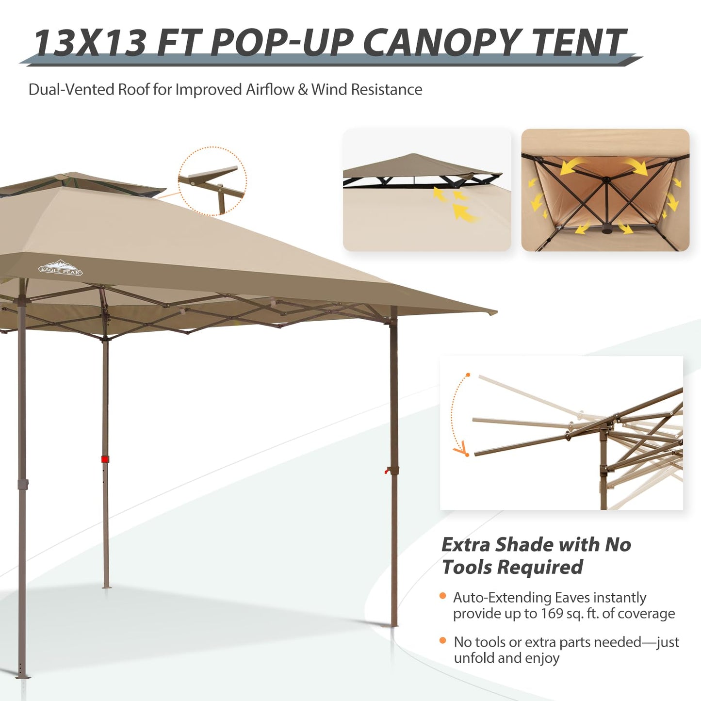 EAGLE PEAK 13x13 Straight Leg Pop Up Canopy Tent Instant Outdoor Canopy Easy Single Person Set up Folding Shelter w/Auto Extending Eaves 169 Square Feet of Shade (Beige)