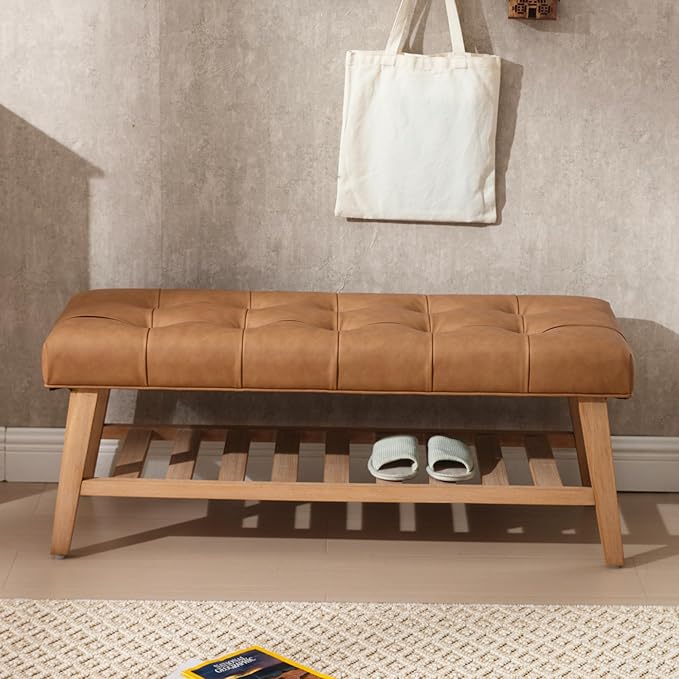 Janoray Entryway Shoe Bench Storage Benches with Upholstered Button Tufted Seat and Open Slatted Shelf PU Leather Ottoman Bench for Hallway Living Room Bedroom End of Bed, Brown