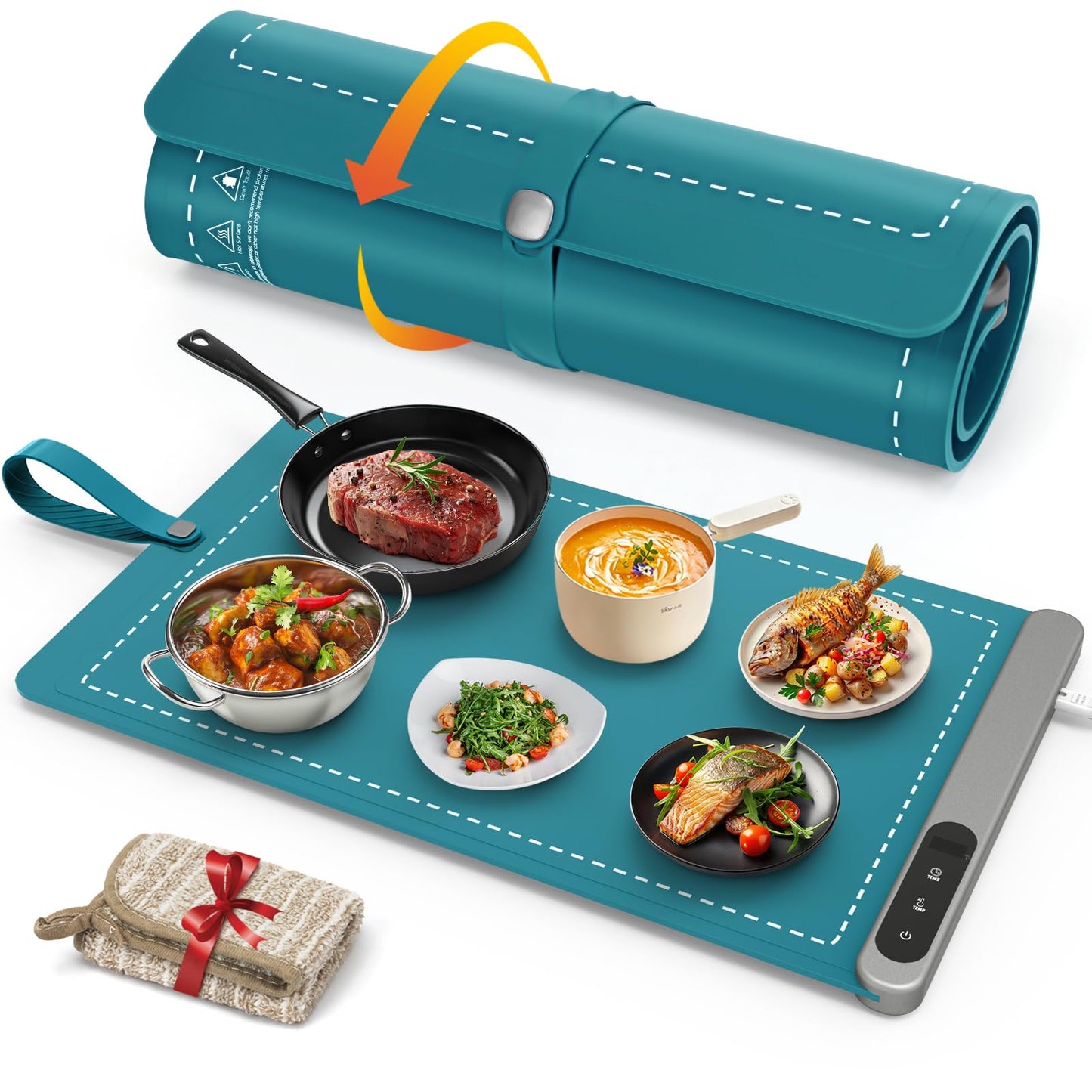 FYY Warming Mat for Food - Rapid and Full Surface Heating, 6 Temp Settings, 6H Timer, Rollable Portable Food Warming Mat, Ideal for Gatherings, Parties, Keep Meal Warm (X Large Size, Dark Green)