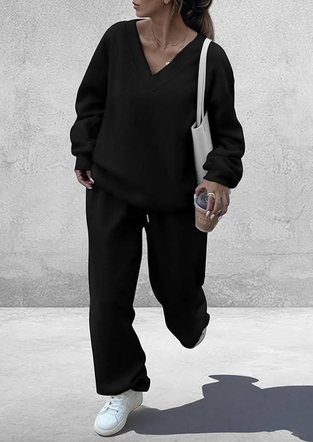 PRETTYGARDEN Casual Winter Two Piece Sets for Women 2026 V Neck Sweatshirt Loose Wide Leg Pants Tracksuit Knit Fall Outfits