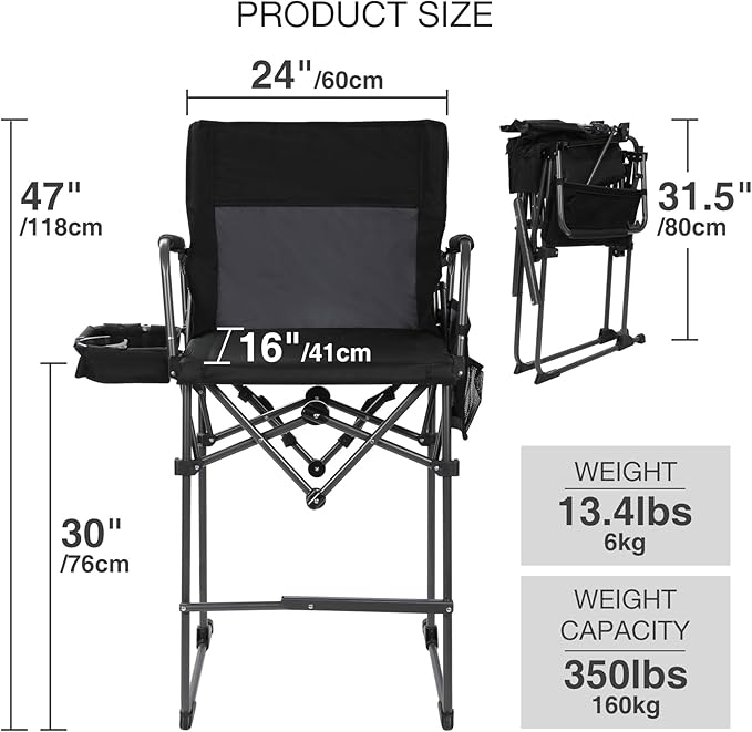 Stonehomy Portable 29" Seat Height Tall Folding Camping Chair High Foldable Directors Chair Bar Height Stool with Side Table and Storage Bag for Makeup Artist, Lawn, Craft Show, 350LBS Black, 2Pack