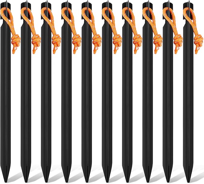 10 Pack Heavy Duty Aluminum Tent Stakes with Reflective Pull Ropes, Triangular Ground Pegs