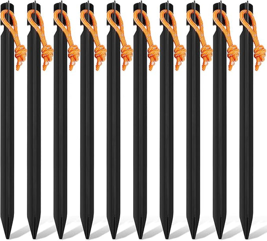 10 Pack Heavy Duty Aluminum Tent Stakes with Reflective Pull Ropes, Triangular Ground Pegs