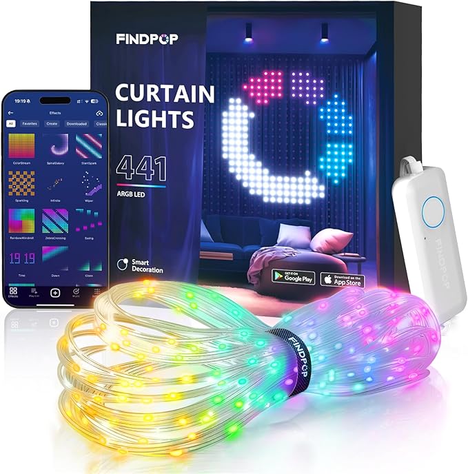 Findpop AI Smart Curtain Lights, 441 LEDs Indoor Color Changing Lights, Music Sync Dynamic DIY, for Valentine's Party Deco...