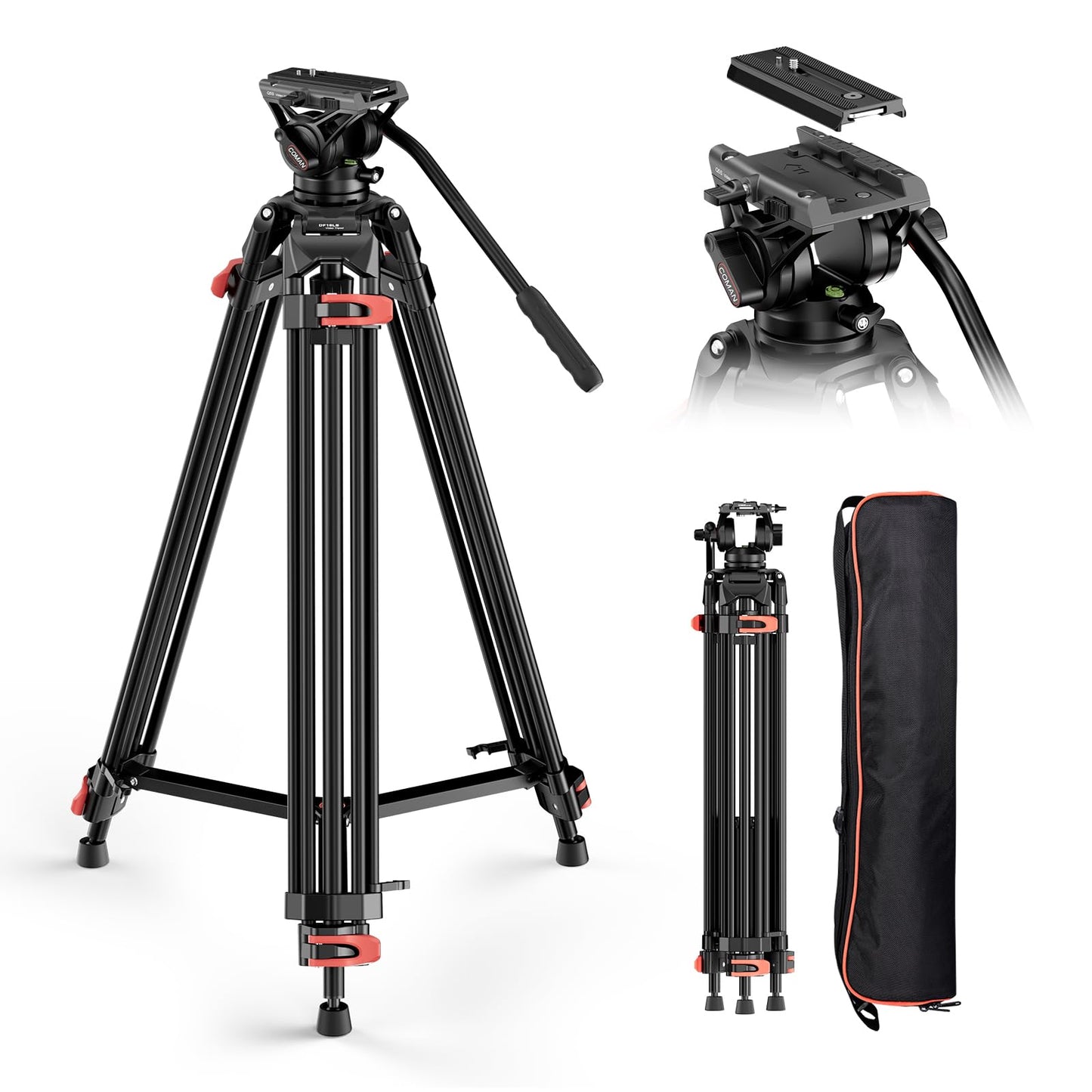 COMAN 74.4" Video Tripod, Heavy Duty Camera Tripod with Fluid Head and Aluminium Alloy Max Load 17.6 lbs/ 8KG for Canon Nikon DSLR Camcorder, DF16LS