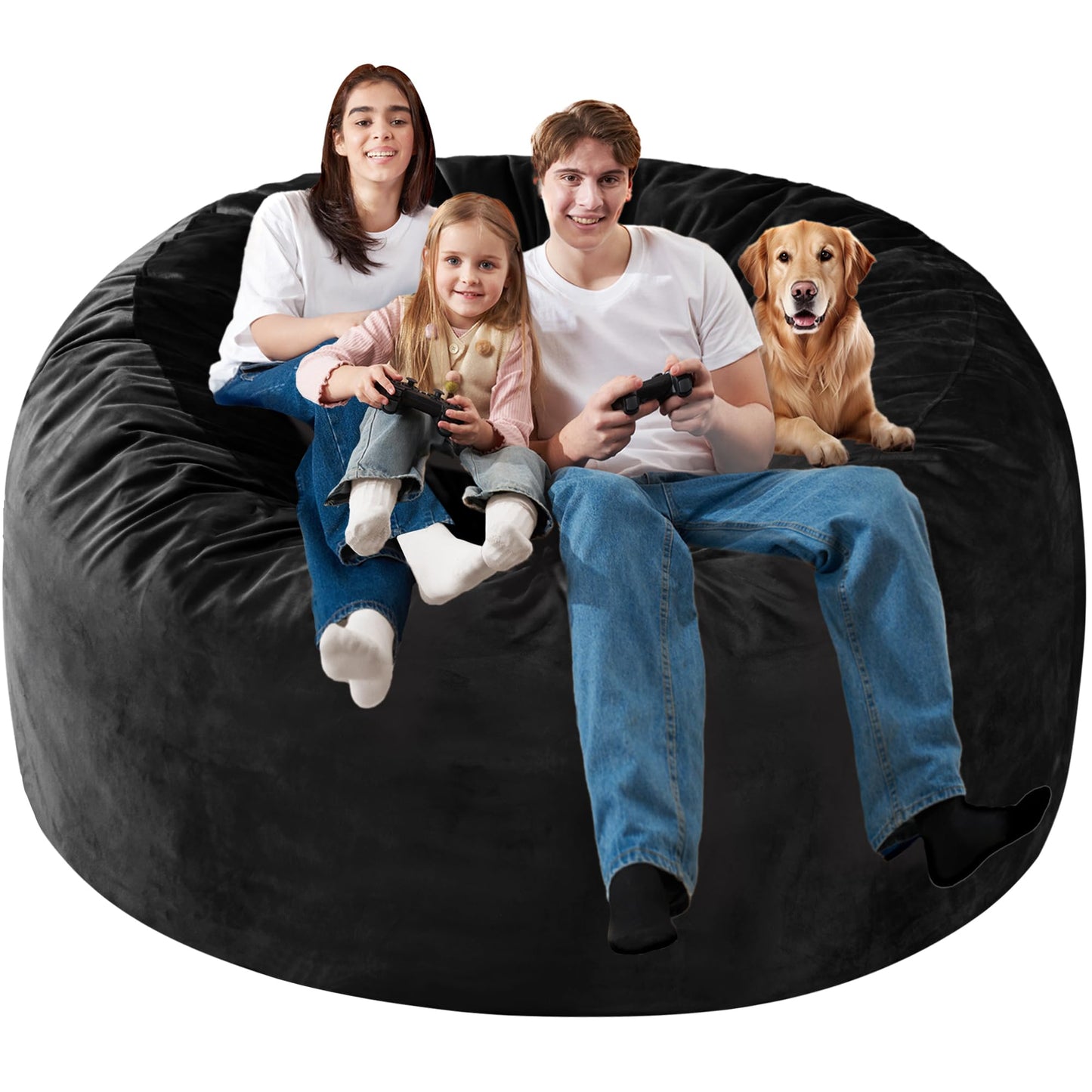 Homguava 6FT Bean Bag Chair Giant BeanBag with Memory Foam Filled, Large Bean Bag Chairs for Adults, Adult Bean Bag Chair with Dutch Velvet Cover for Living Room Bedroom-Black