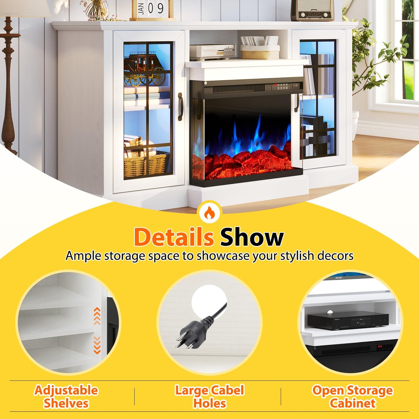 OneBlis 59'' TV Stand, 3 Sided Glass Media Entertainment Center Console Table for TVs up to 65'' with Glass Door, Adjustable Flame LED Color for Living Room, White