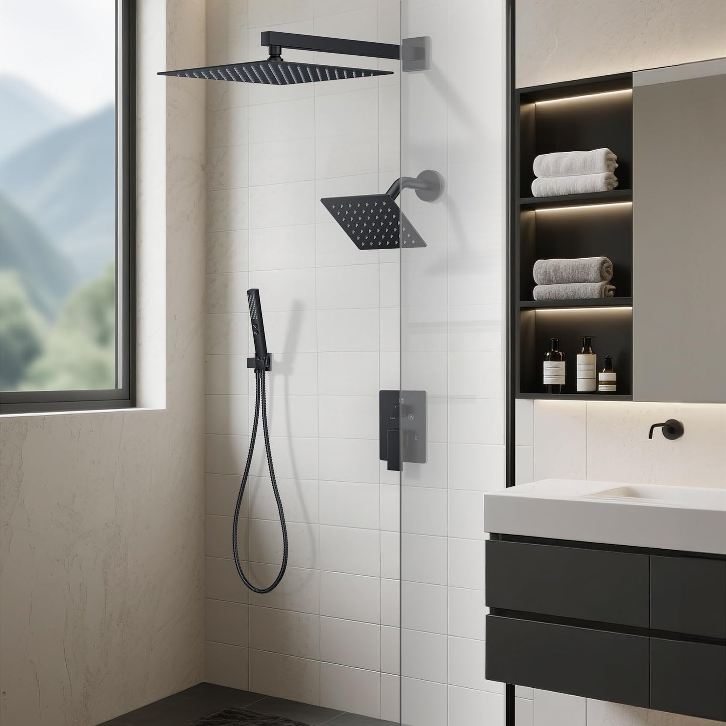 FAROLAN Rain Shower System Matte Black Shower Faucet Set, Dual Rainfall Shower Head Set with 2 in 1 Handheld Spray, Wall Mounted Bathroom 12-inch & 6-inch Square Showerheads with Valve, Matte Black