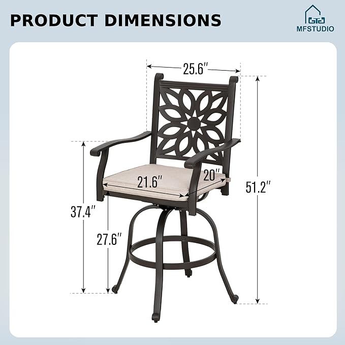 MFSTUDIO Patio Outdoor Barstools Set of 4, Cast Aluminum Swivel Dining Chairs, Counter Bar Height Outdoor Patio Chairs with Extra Wide Seat and Cushion, Brown, 350lbs