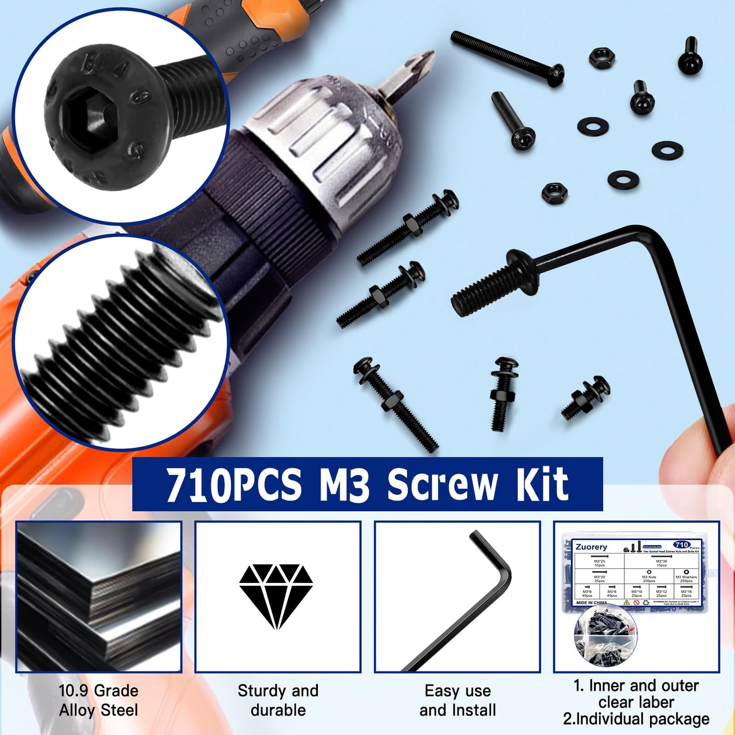 710PCS M3 Screw Assortment Kit, M3x6/8/10/12/16/20/25/30mm M3 Screw Kits, 10.9 Grade Alloy Steel Metric Hex Button Head Cap Screws, Nuts and Flat Washers, Black Zinc Plated Screw Set for 3D Printing
