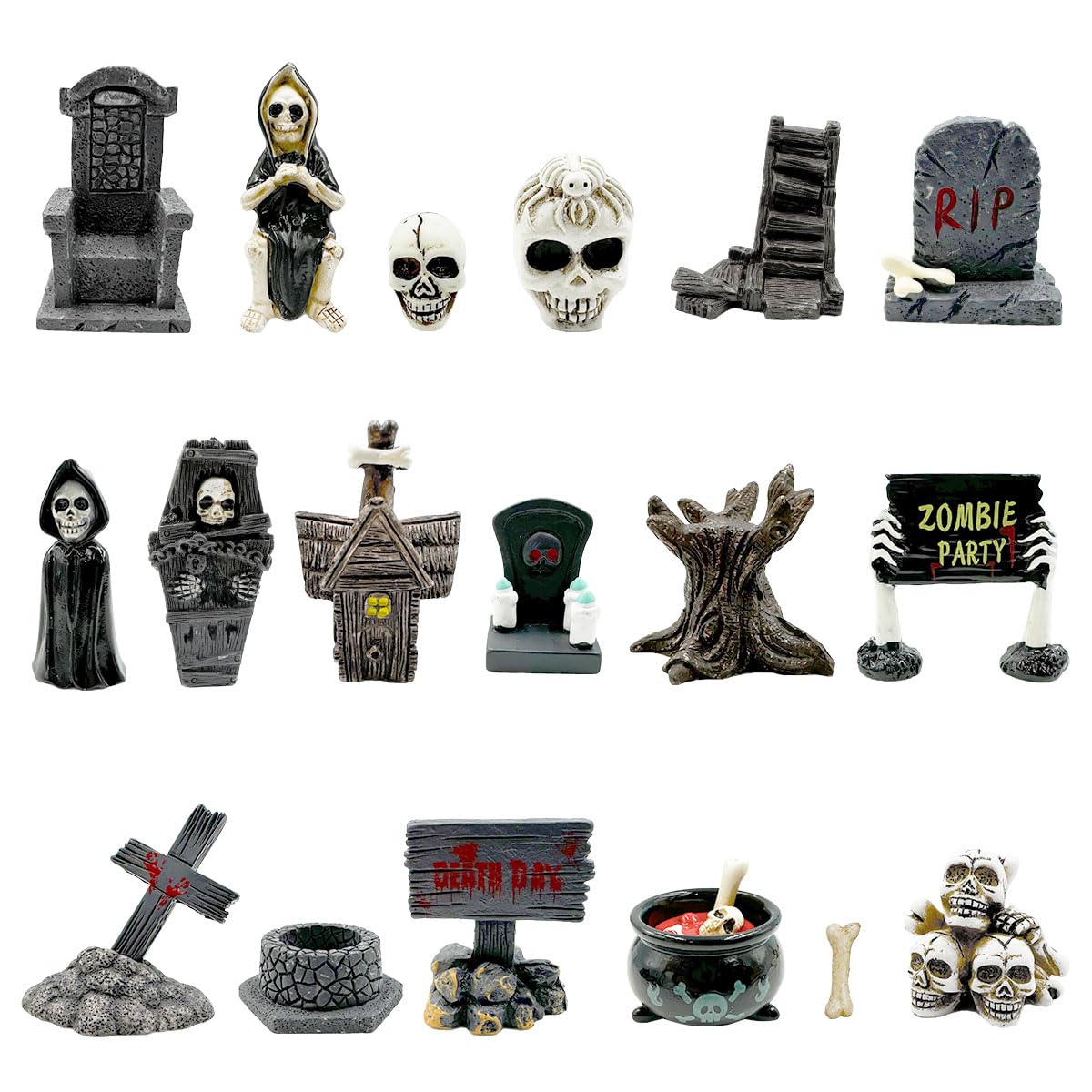 Halloween Miniature Figurines - 18Pcs Resin Ghost Tombstones Skull Heads Scene Ornaments Halloween Garden Accessories Mini Figurine Decorations for Outdoor Statues Home Village Crafts Decor