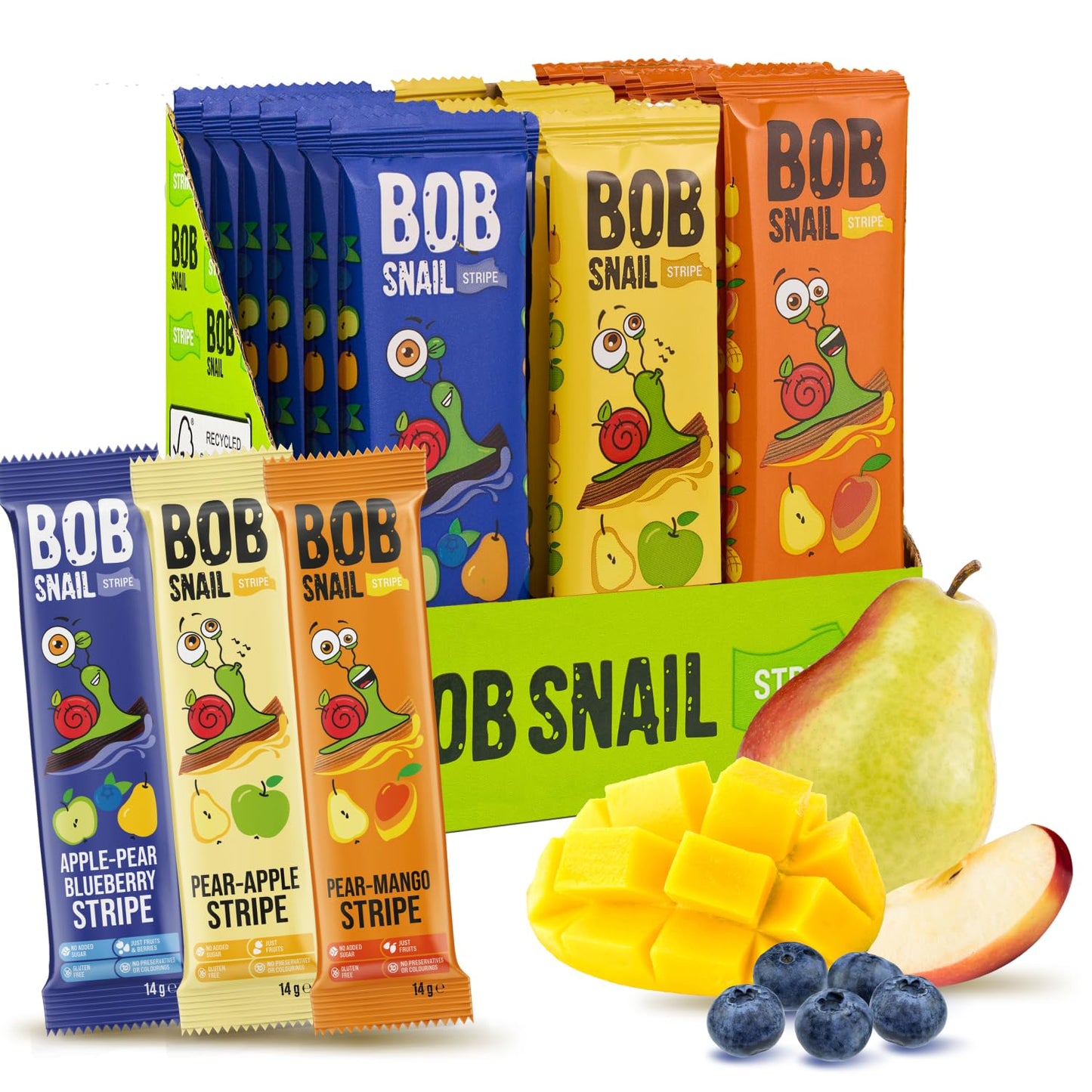 BOB SNAIL Healthy Organic Fruit Snacks for Kids and Adults – 30 Organic Fruit Leather Snacks with Pear & Apple, Blueberry, Mango – Vegan Low-Carb Variety Pack Strips for Kids – Sugar Free Jerky Bars