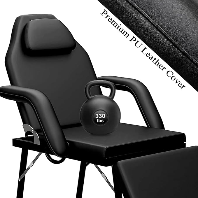 Portable Tattoo Chair, Adjustable Massage Facial Bed with Removable Headrest & Armrest, Foldable Spa Chair with Carry Bag, 73 Inch Esthetician Bed for Salon Beauty Barber Spa Tattoo (Black)