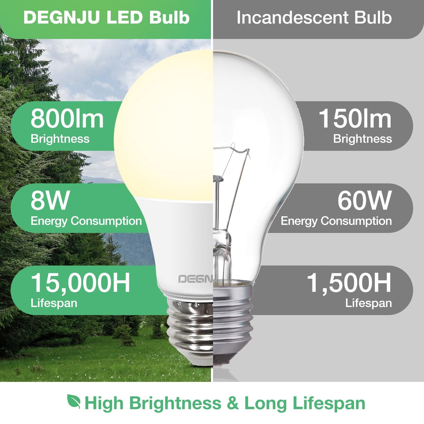 DEGNJU A19 LED Light Bulbs, 60 Watt Equivalent LED Bulbs, Soft White 2700K, 800 Lumens, E26 Standard Base, Non-Dimmable, 8W Warm White LED Bulbs for Bedroom Living Room, 12 Pack