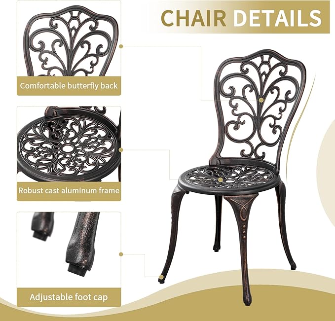 Withniture 3 Piece Outdoor Bistro Set All Weather Patio Table and Chairs Set, Cast Aluminum Patio Bistro Sets with 1.97” Umbrella Hole, Metal Patio Furniture Set for Front Porch Garden, Bronze