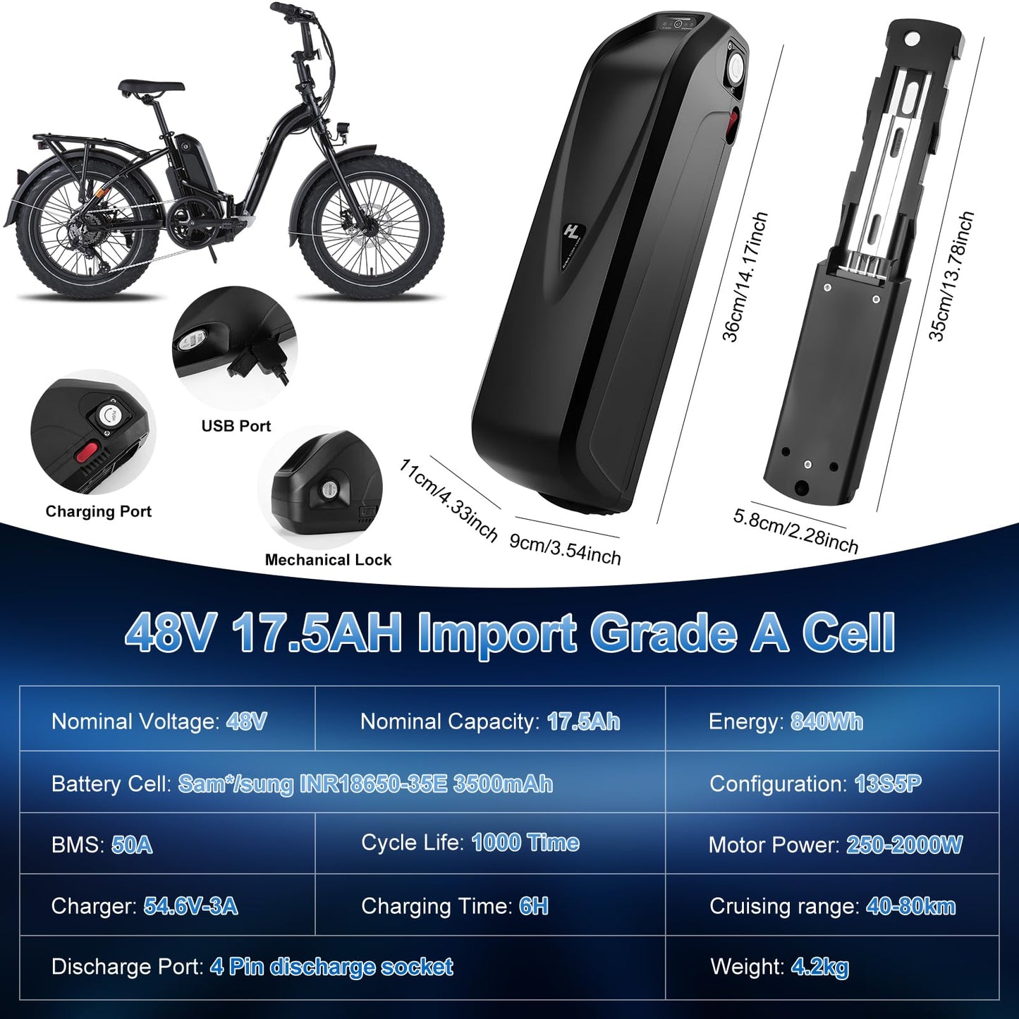 ZLSHELIBK 48V 17.5Ah Ebike Battery 50A BMS for 250-2000W Motor Hailong Electric Bike Battery for Electric Motorcycle/Mountain Bike/Motor Bike/Trike (48V 17.5Ah)