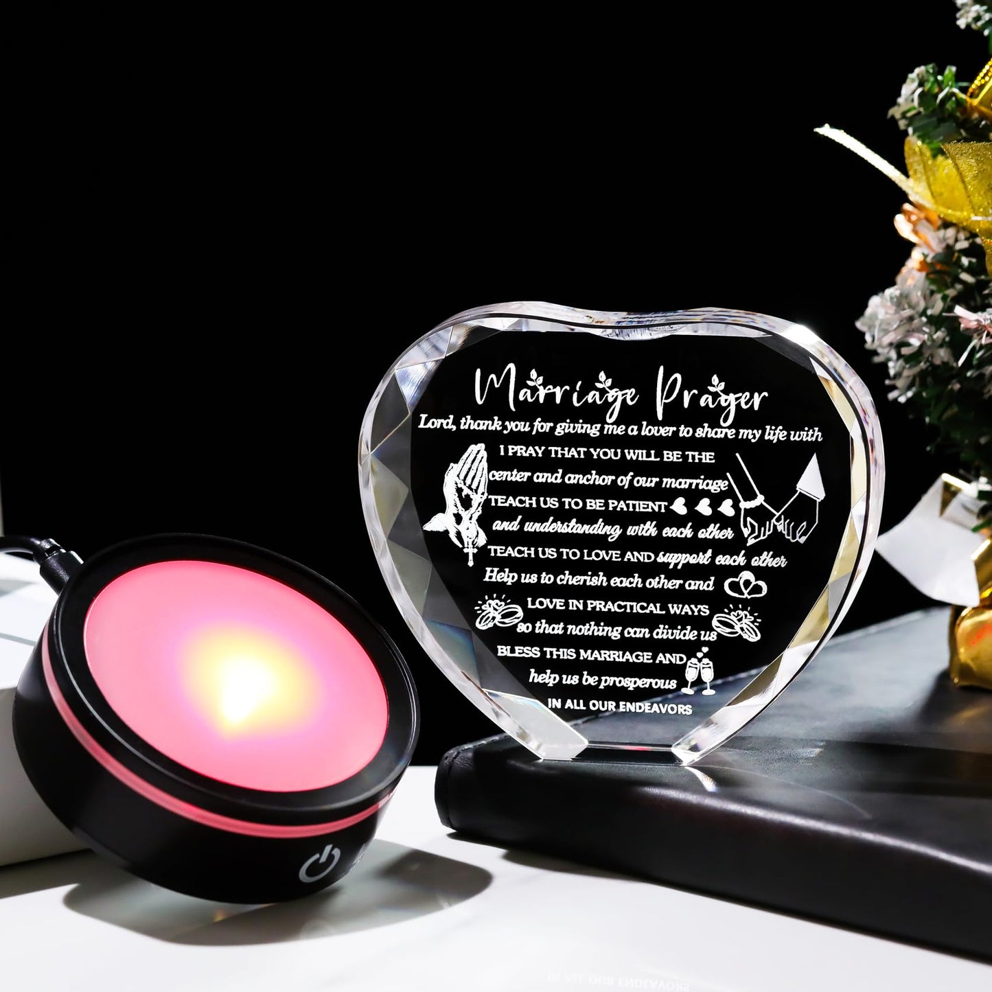 YWHL Wedding Gifts for Couples Crystal Heart Anniversary Marriage Prayer Plaque with Colorful LED Base Wedding Gift with Inspiring Quotes, Unique Newlywed Gifts Mr and Mrs Gifts Bridal Shower Gifts