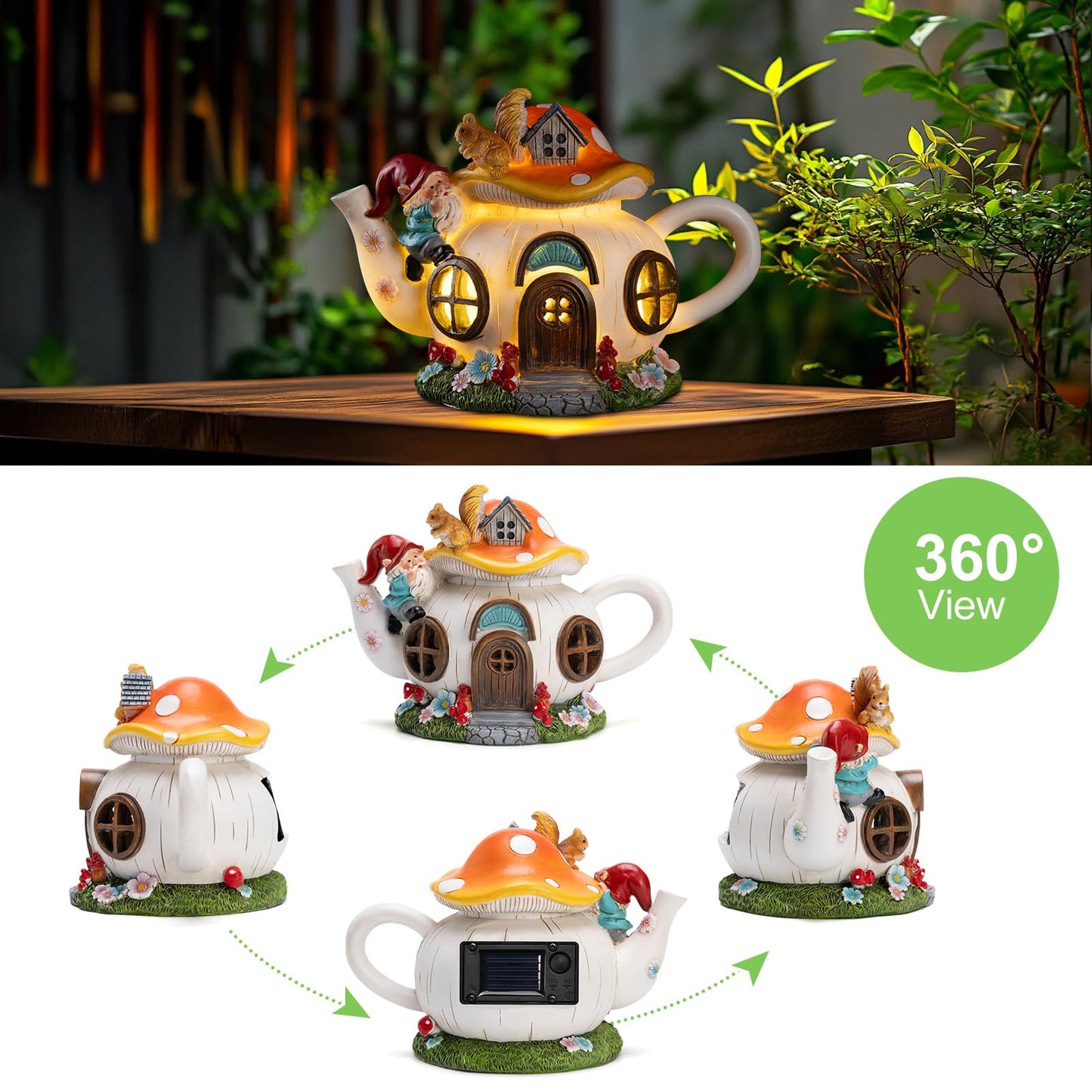 twinbling Mushroom Fairy House Garden Decor Solar Light – Outdoor Gnome Statue with Squirrel, Resin Teapot Decorative Figurine for Patio, Lawn, Yard & Balcony, for Women, Mom, and Home