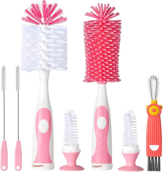 5 in 1 Bottle Cleaner Brush Set with Nylon and Silicone Bottle Brush, Straw Brush, Bottle Brush with Nipple Cleaner and Suction Cup, Cup Lid Cleaner Brushes Kit, BPA-Free (Pink)