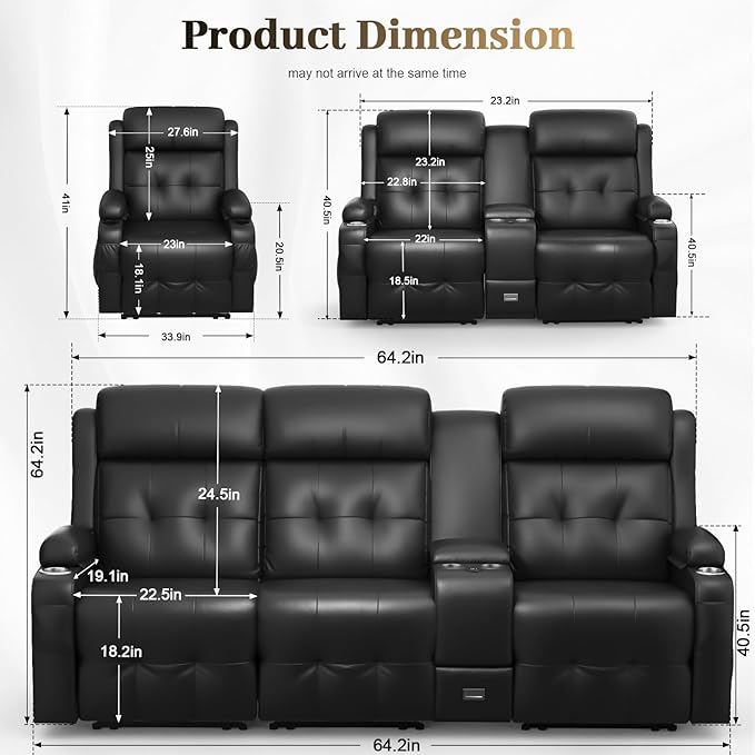 Recliner Sofa, 3 Seater Massage Reclining Loveseat Sofa Sets, 1 Lovseat Reccliner, 2 Single Power Recliner Chairs Heat & Massage, Heavy Weight Capacity, RV Clearance Couch with Console, USB, Type C