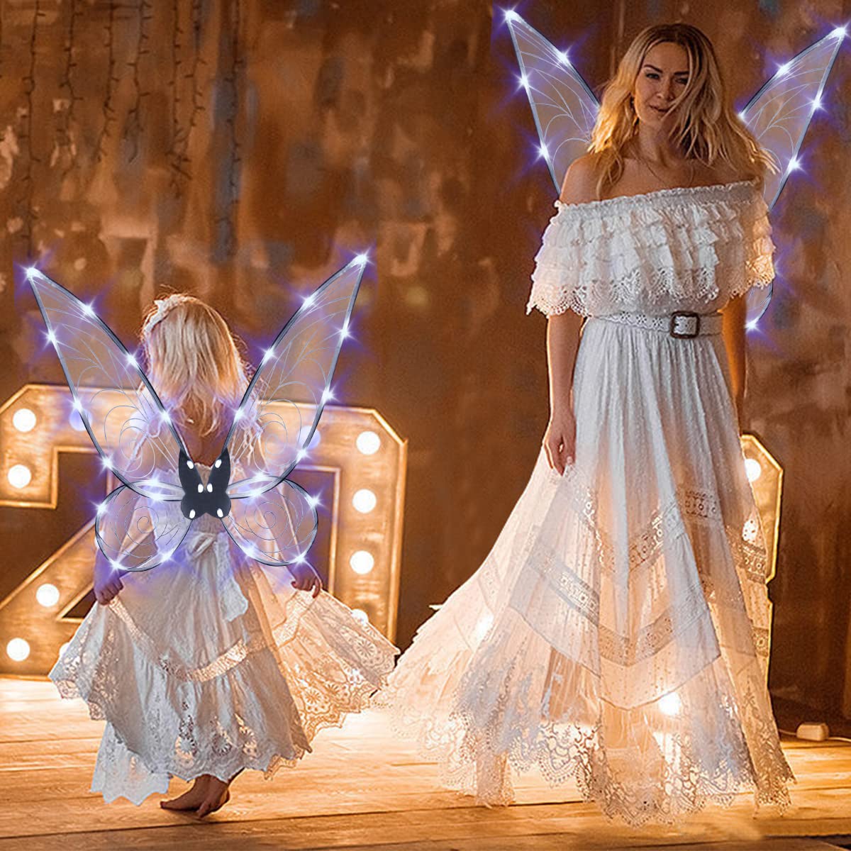 quescu Fairy Wings for Girls,Light up Butterfly Wings for Adults,LED Fairy Costume for Women Halloween Dress Up Party Favor (White)