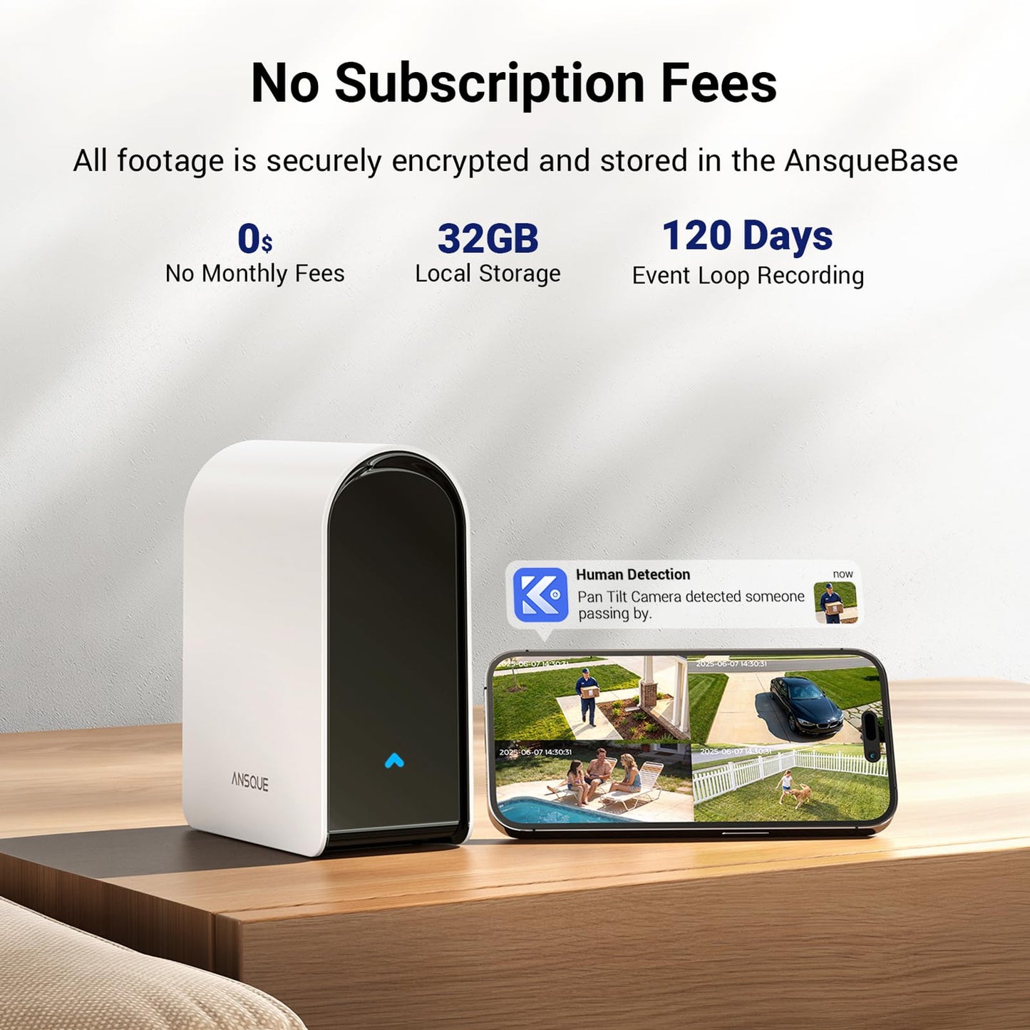 ANSQUE Security Cameras Wireless Outdoor Home System, 4 Camera Kit, No Subscription Fees, Solar Powered, Local Storage, 365-Day Battery Life, 360°PTZ Surveillance, Auto Tracking, 2K Color Night Vision