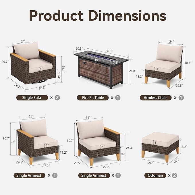 GREEN PARTY 7 Pieces Wicker Patio Furniture Set with 56" Fire Pit Table, All-Weather Outdoor Rattan Patio Sectional Sofa Conversation Set 7 Seats for Garden, Backyard, 2 x Swivel Chairs