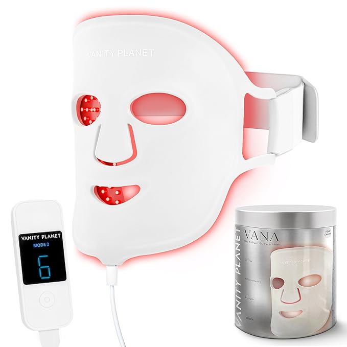 Vanity Planet VANA Red & Blue Light LED Face Mask - Silicone Light Therapy Mask for Anti-Aging, Acne Treatment - Adjustable, Lightweight, Reusable - White