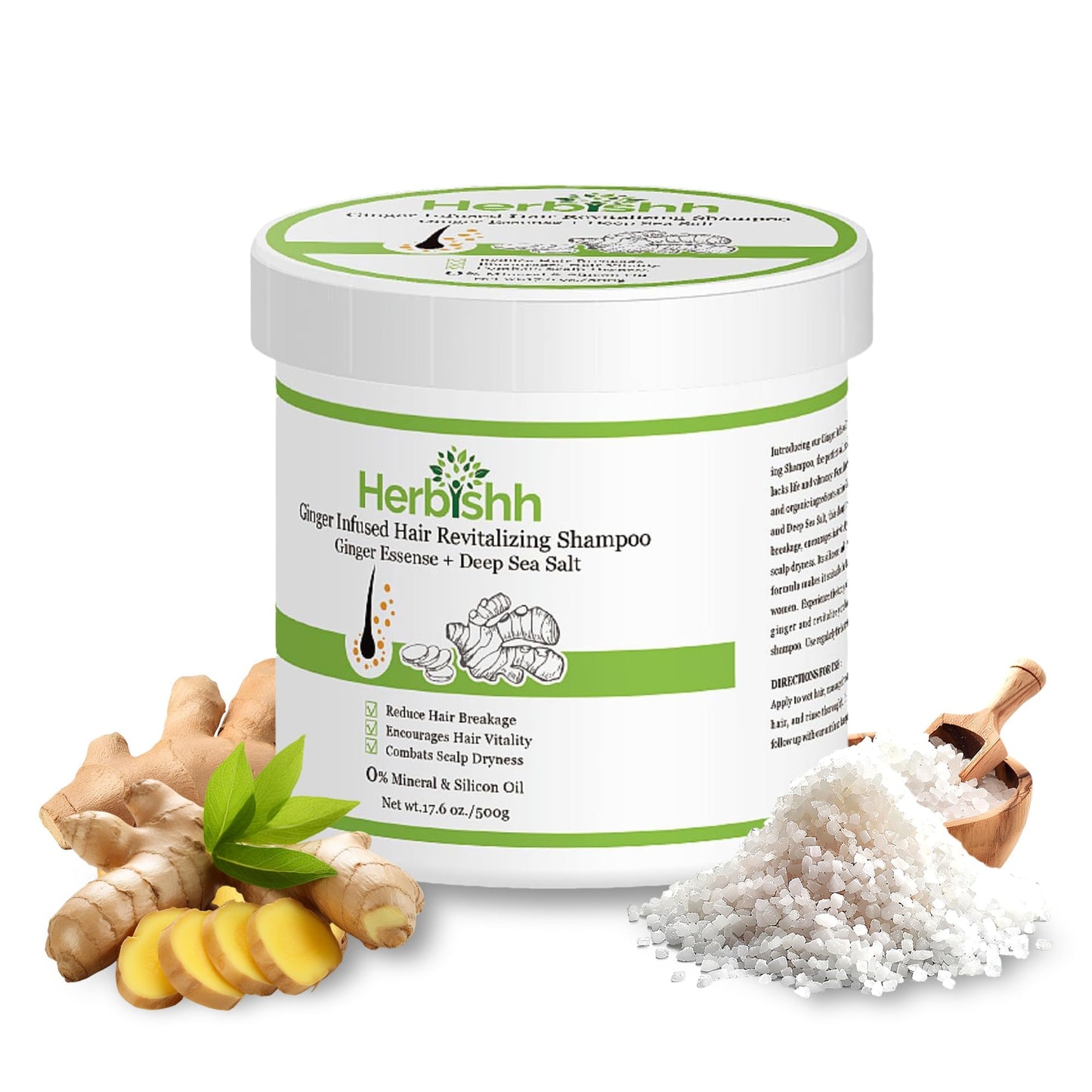 Herbishh Ginger Hair Revitalizing Shampoo Jar with Deep Sea Salt - Anti Dandruff Shampoo for Weak, Brittle Hair & Dry Scalp - Bo