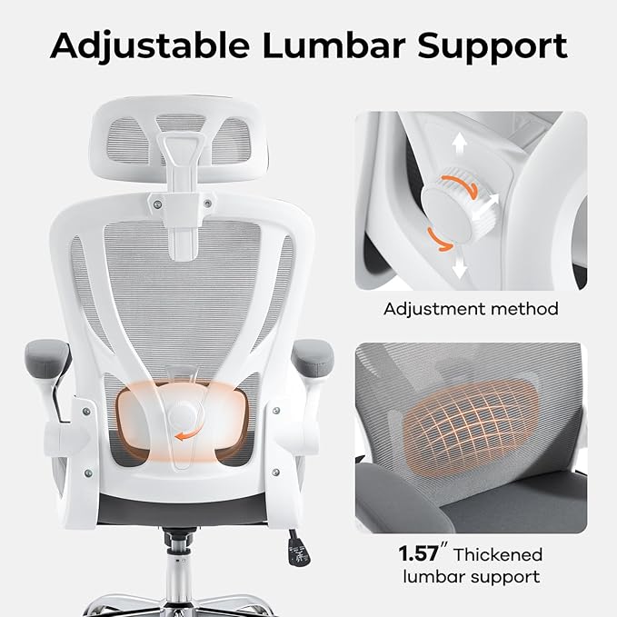 shipborne Office Chair Ergonomic Office Chair with Lumbar Support, Head Support, Rocking Function, FILP-up Armrests, Mesh High Back Chair Home Office Desk Chair, Suitable for Home, Office, Grey