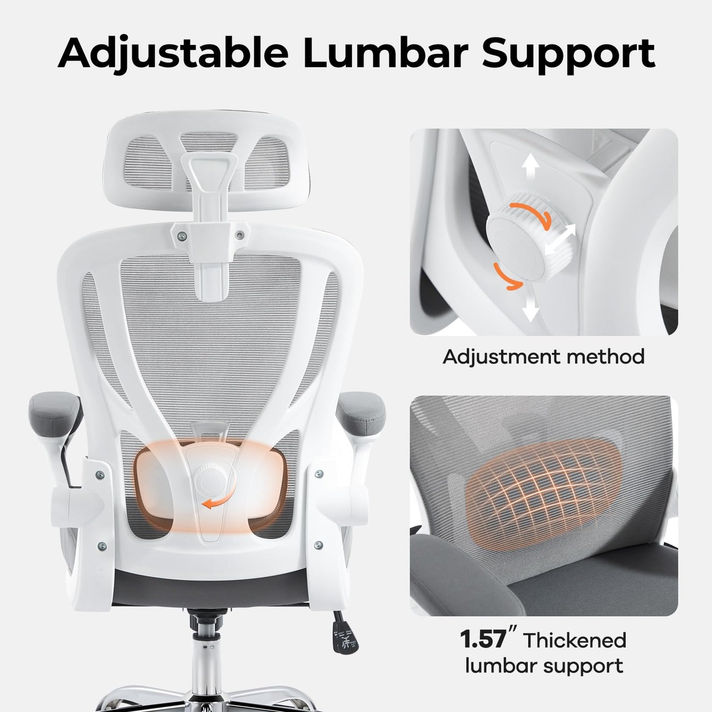shipborne Office Chair Ergonomic Office Chair with Lumbar Support, Head Support, Rocking Function, FILP-up Armrests, Mesh High Back Chair Home Office Desk Chair, Suitable for Home, Office, Grey