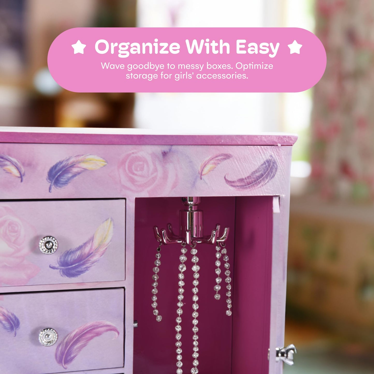 Jewelkeeper Pink and Purple Ballerina 3 Drawers Jewelry Box for Girls - Little Girl's Wooden Jewelry Box with Necklace Carousel - for Kids or Teen Necklaces and Accessories