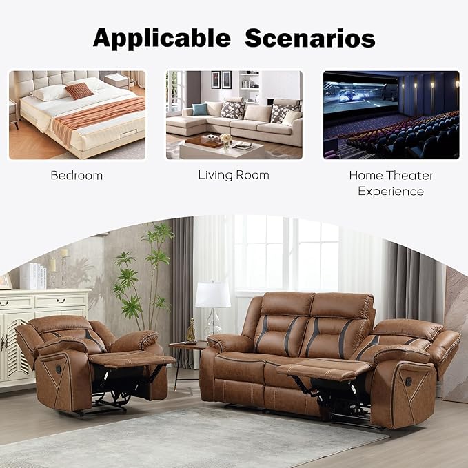 EBELLO Manual Recliner Sofa Set, Faux Leather Reclining Living Room Furniture Set, Included Recliner Chair and 3 Seat Manual Recline Sofa, Brown