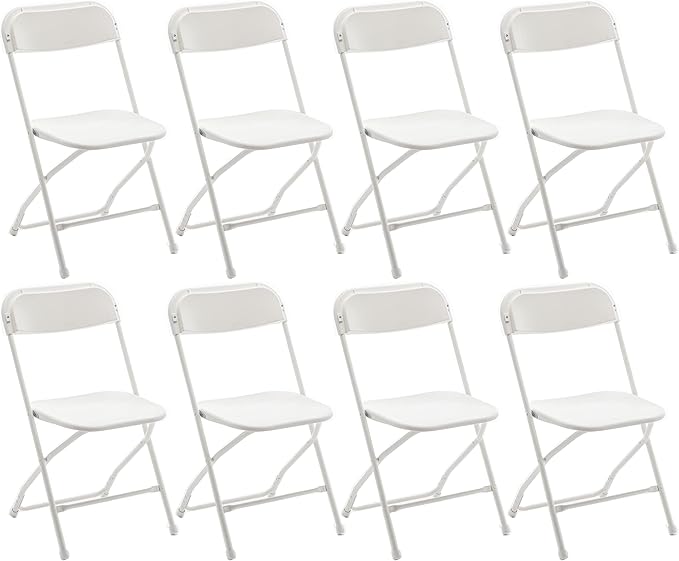 BTEXPERT® Set of 8, White Plastic Folding Chair Steel Frame Commercial High Capacity Event Chair Lightweight Set for Office Wedding Party Picnic Kitchen Dining Church School