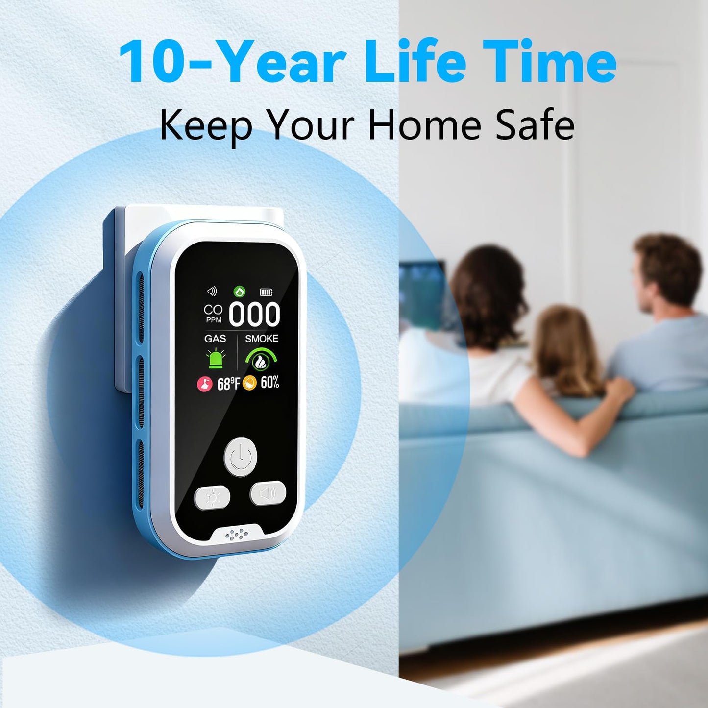 5-in-1 Carbon Monoxide Detector 2 Pack Combo with LCD Display, Detects CO, Natural Gas, Smoke, Temperature, Humidity for Home, Hotel, RV, Apartment Safety, Monoxide Alarm HD Screen