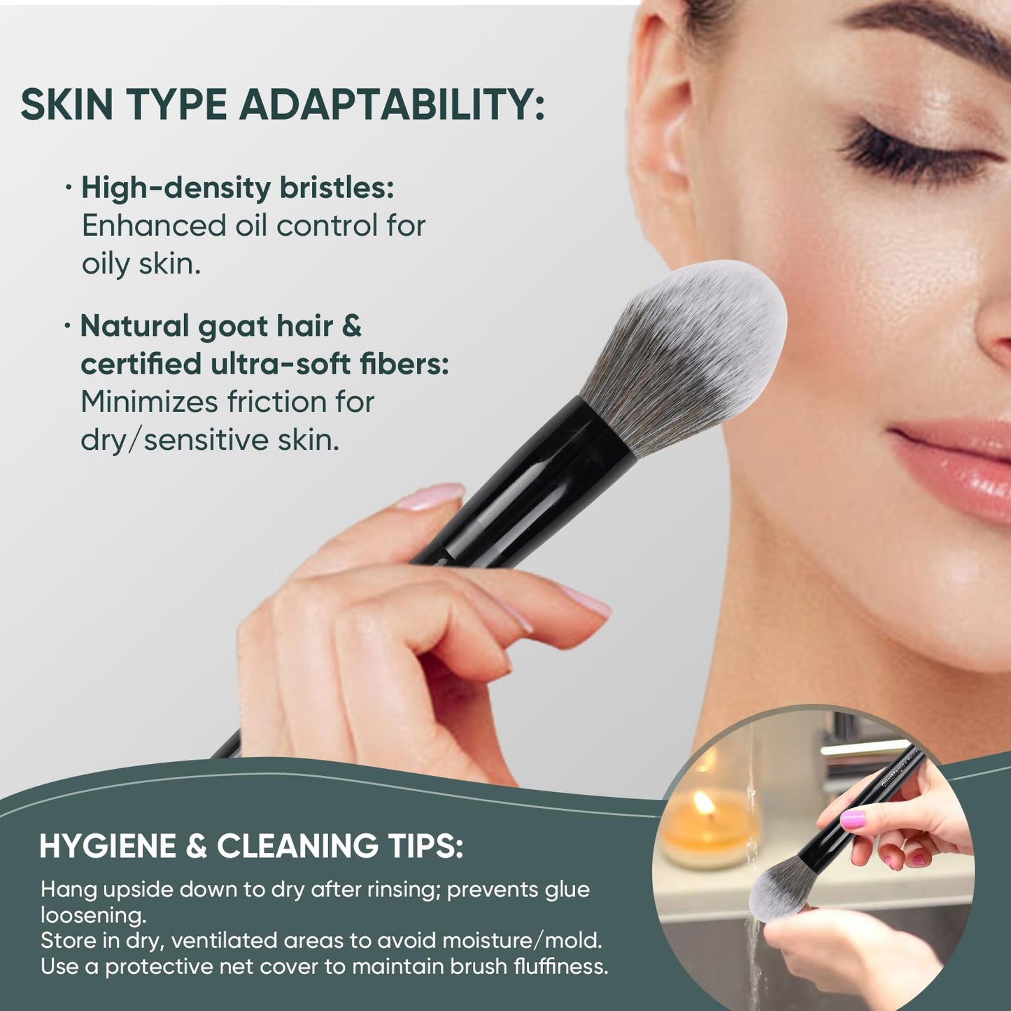 GlintMagic+ Professional Powder Brush for Loose/Pressed Powder, Tapered Setting Powder Brush, Ultra-Soft Bristles Use for Blush