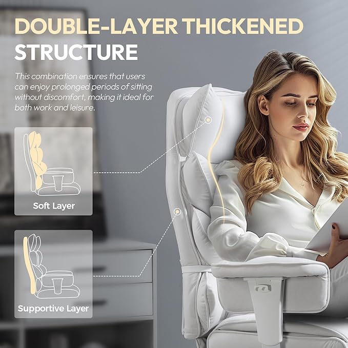 Dowinx Big and Tall Office Chair with Pocket Spring Cushion,High Back Computer Gaming Chairs with Adjustable Armrests,Executive Desk Chairs with Lumbar Support and Footrest,Fabric-White