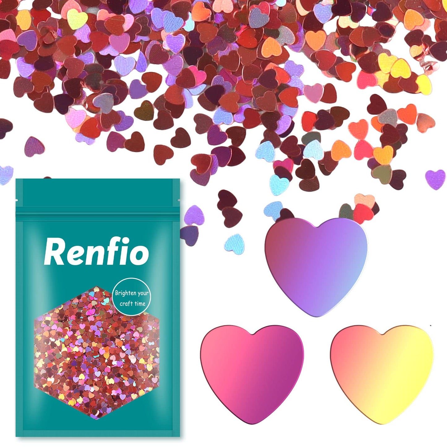 Renfio 1.75 Oz 50g Holographic Loving Heart Shape Shiny Glitter Love Confetti Sequin Glitters Resin Sparkle Chunky Sequins for D
