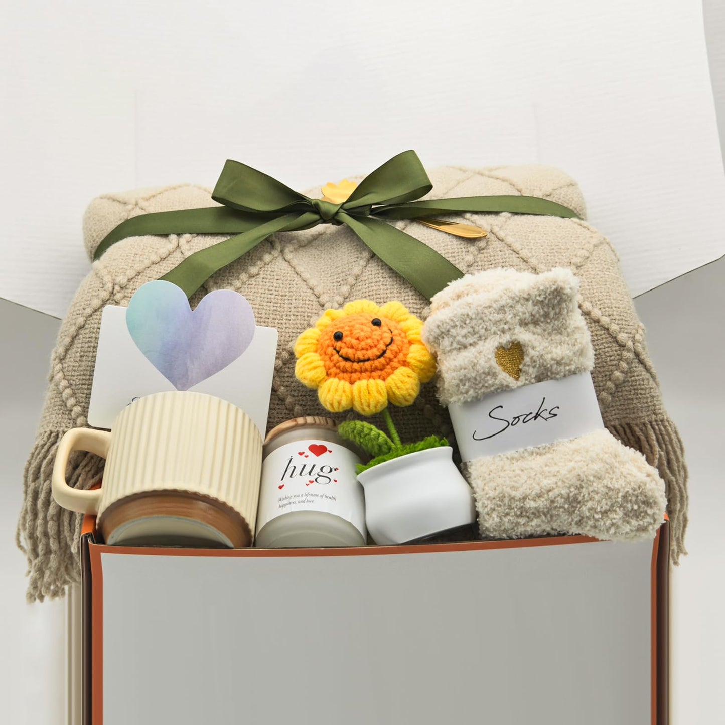 wangpengkai Birthday Gift Box for Women, 8 Pcs Get Well Soon Gifts Basket After Surgery, Sympathy Self Mother's Day Care Package, Cozy Off White Hug Blankets Gift for Sick Friends- Khaki