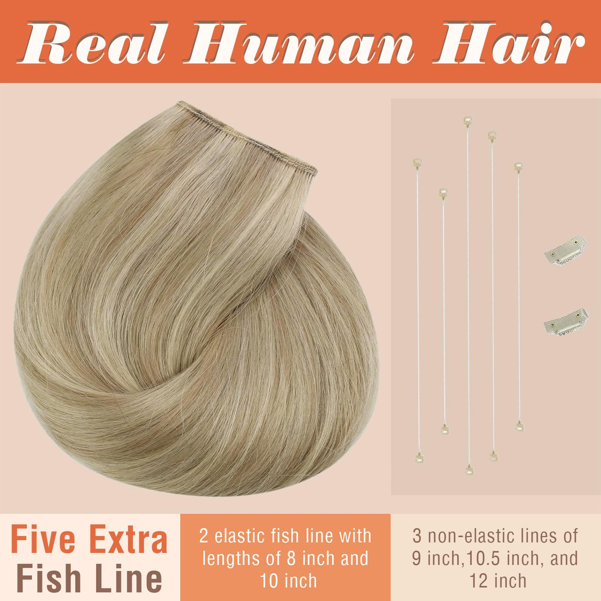 Sunny Wire Hair Extensions Real Human Hair Fish Line Human Hair Extensions Invisible Wire Extensions Golden Blonde with Medium B