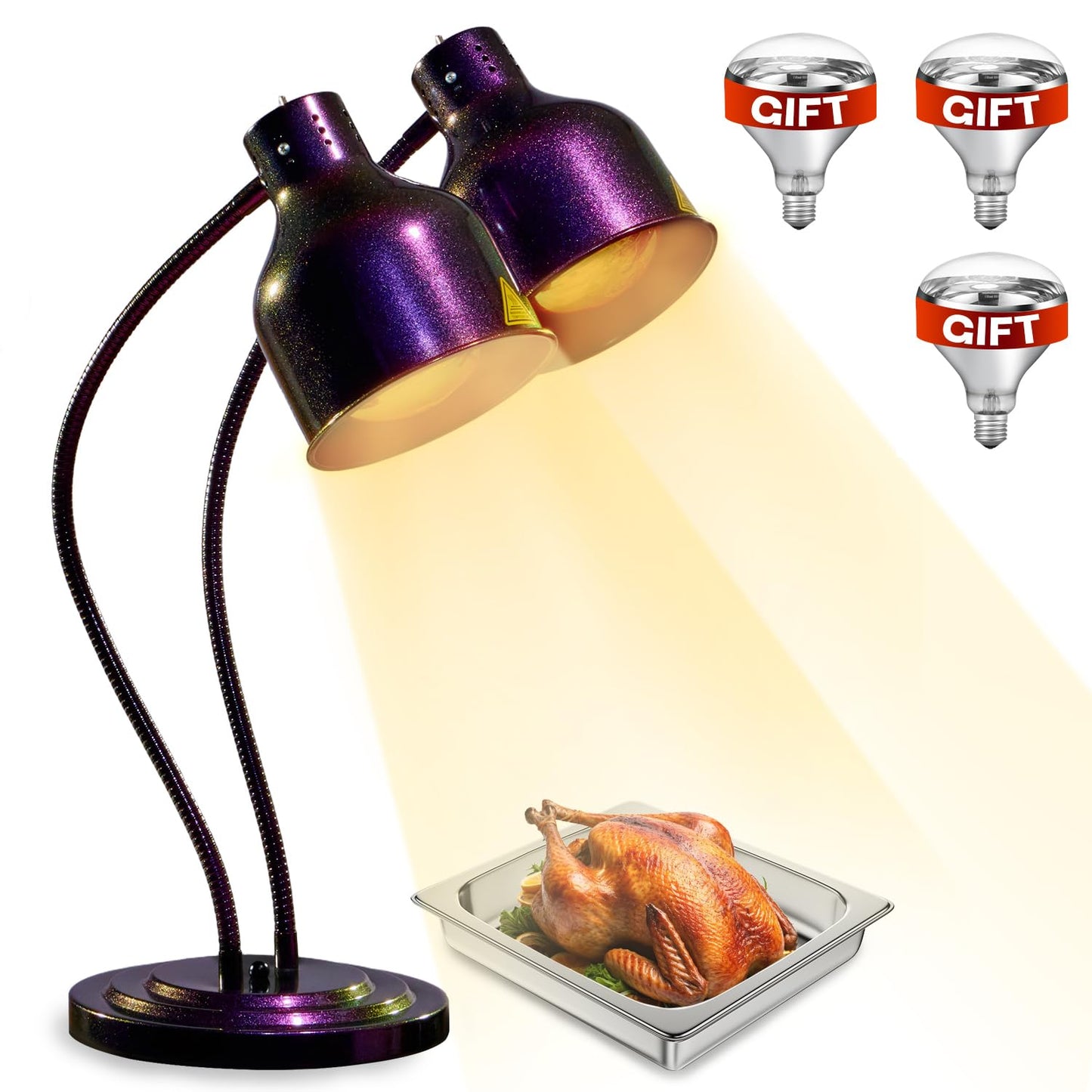 RVGMBO Food Heat Lamp - [3 Bulbs Included] [Rapid-Heating], 500W Commercial Food Warmer Light, Heat Lamp for Food Catering Warming Lamp for Buffet Parties, Purple-Green Gradient