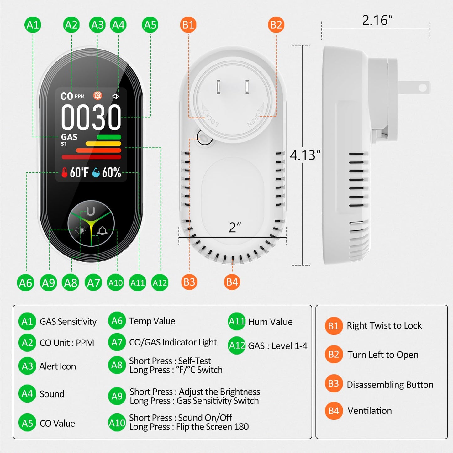 4-in-1 Carbon Monoxide Detectors & Natural Gas Leak Detector Plug in, Combination CO Detector & Combustible Gas, LPG, Methane, Propane Alarm with Fahrenheit(°F) & Humidity(2 Pack)