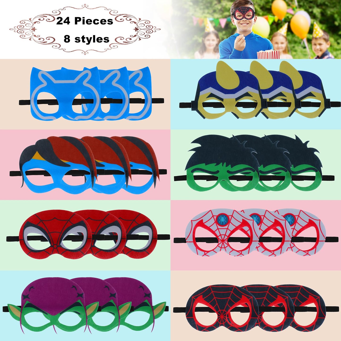 Pitydeda Superhero Masks for kids,16 Packs Super Hero Costumes Party Supplies Birthday Gift Halloween Cosplay Felt Mask for Kid Superheros Favors Decorations