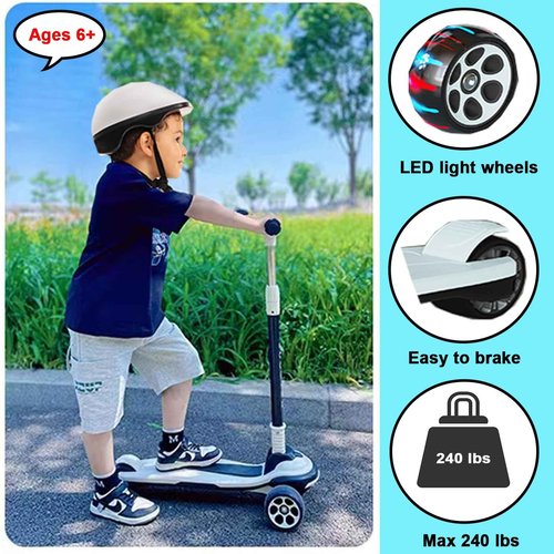 CLrkualn Kick Scooter for Kids Ages 3-12, 5 Adjustable Height Foldable Scooter with 3 LED Light Wheels, Outdoor Activities for Toddlers Boys Girls, Max Load up to 165 lbs (Black and White)