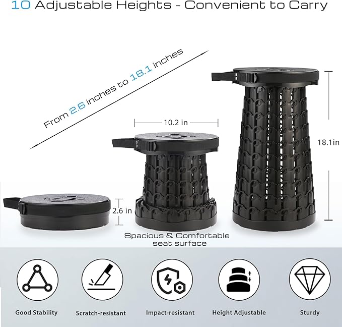 Upgraded 18-Inch Collapsible Stool, 800lbs Capacity, Heavy Duty Yet Lightweight, Portable Folding Stool for Adults, Taller Retractable Telescoping Seat for Camping, Fishing, Hiking, Travel, BBQ